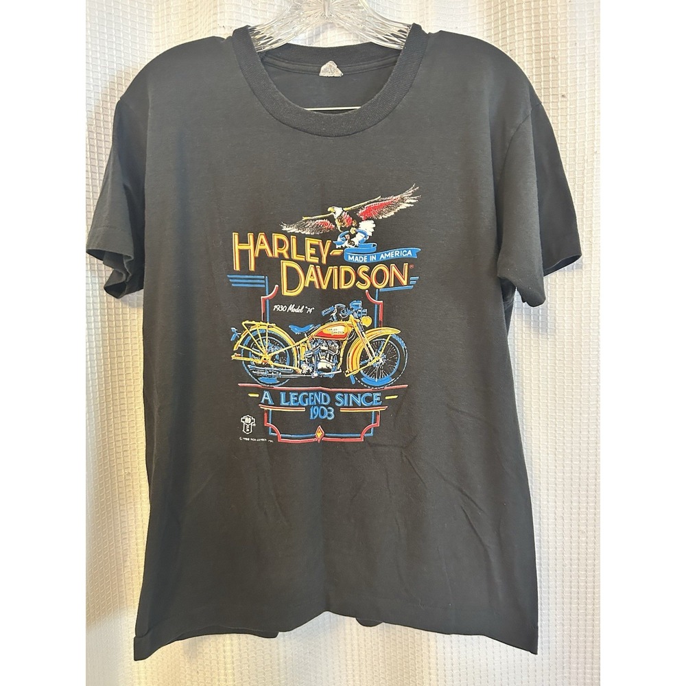 VTG 1988 Harley Davidson T Shirt L Black USA Legend 1930 Model 74 Motorcycle